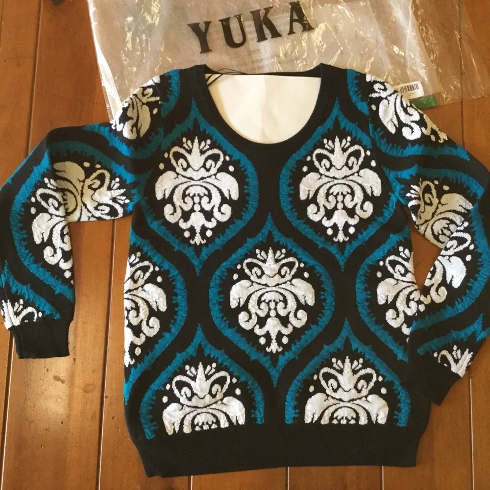 Black & Turquoise & White Brocade Sweater